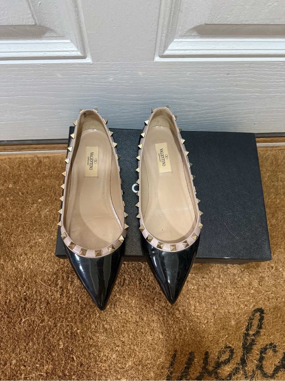 Valentino Black Patent Pointed Flats with Nude Trim and Gold Studs